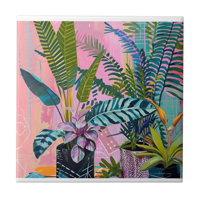 Azulejo Tropical pink flamingos set against lush green (Frente)