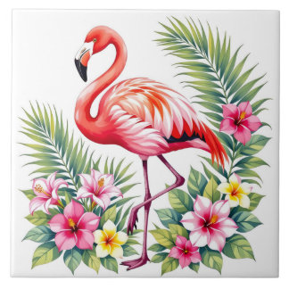 Azulejo Tropical Watercolor Pink Flamingo Floral Hawaiian