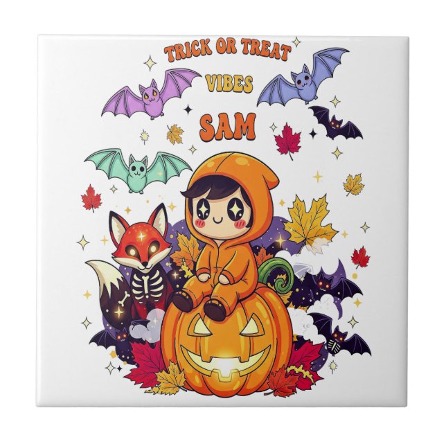 Azulejo Truco o trato Halloween adorable (Frente)