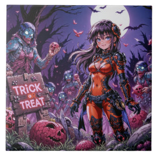 Azulejo Truco o Trato Zombies de Halloween repartiendo Cer