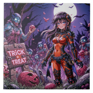 Azulejo Truco o Trato Zombies de Halloween repartiendo Cer