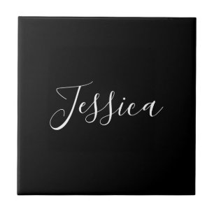 Azulejo Tu Nombre   Escritura Blanca Elegante sobre Negro