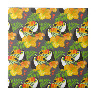 Azulejo Tucán Pájaro Naranja Flores Tropicales Hojas Verde