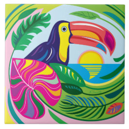 Azulejo Tucán y Hojas Tropicales