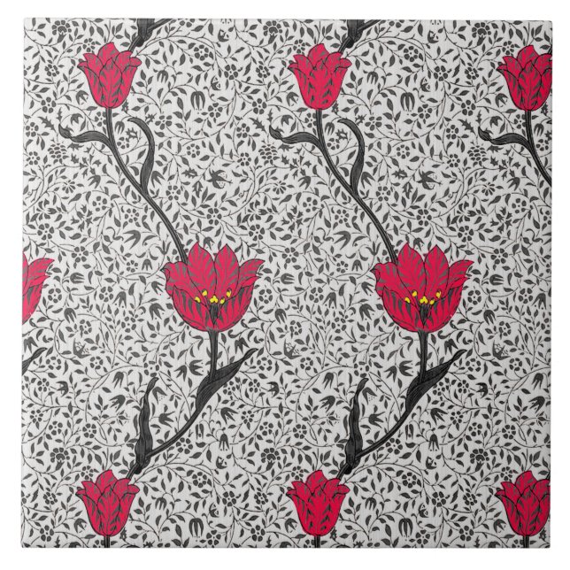 Azulejo Tulip Damasco de Art Nouveau, gris y rojo (Frente)