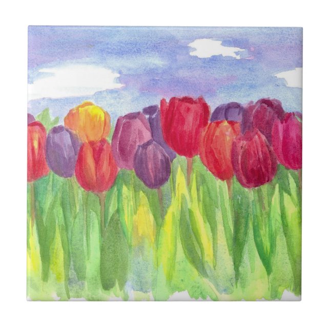 Azulejo Tulip Flower Field Rainbow Watercolores (Frente)