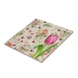 Azulejo Tulip rosa de mariposa floral de mosaico cerámico