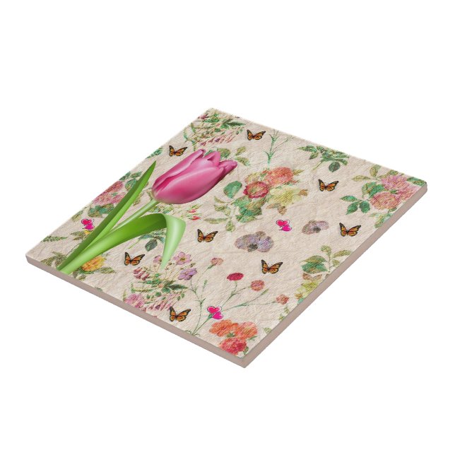 Azulejo Tulip rosa de mariposa floral de mosaico cerámico (Lado)