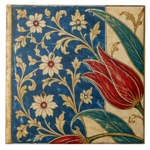 Azulejo Tulipán Rojo sobre Arte Floral Azul Cobalto