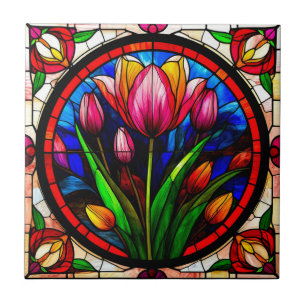 Azulejo Tulipán Rojo y Motivos Florales Coloridos