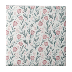 Azulejo Tulipán Rosa Delicado y Patrón Floral de Dibujo en