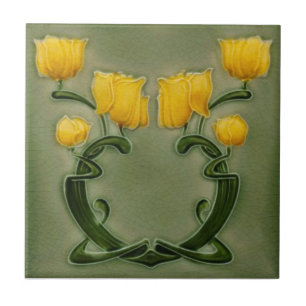 Azulejo Tulipanes amarillos del Art Nouveau en Repro Verde
