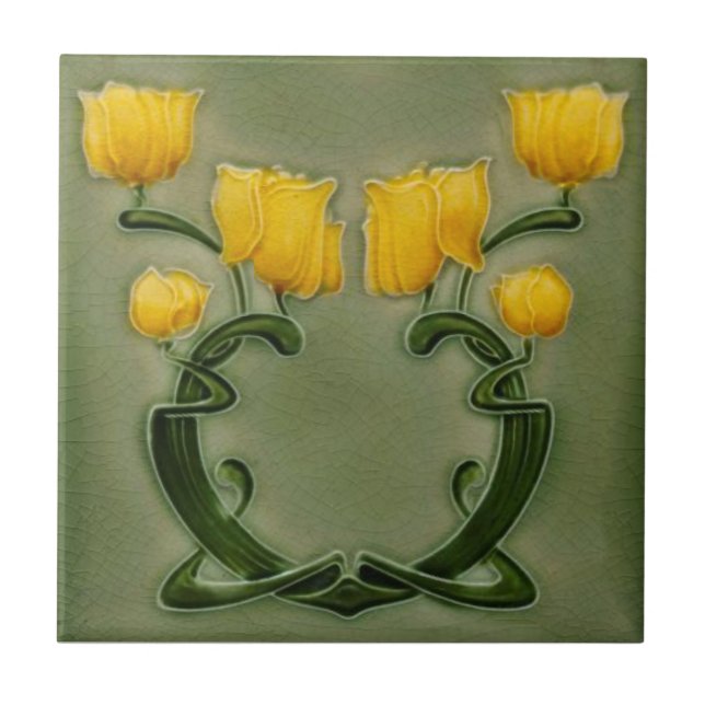 Azulejo Tulipanes amarillos del Art Nouveau en Repro Verde (Frente)