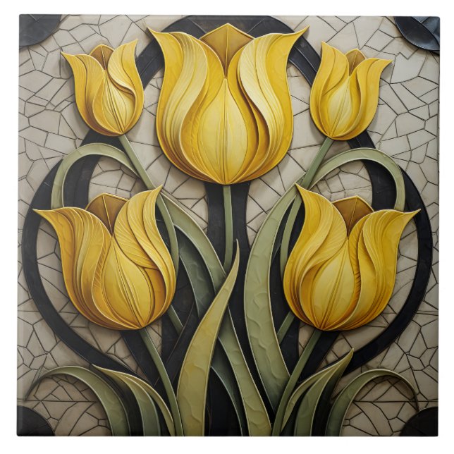 Azulejo Tulipanes amarillos Floral Art Nouveau Inspiración (Frente)