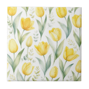 Azulejo Tulipanes Amarillos Pintura Floral Acuarela Botáni