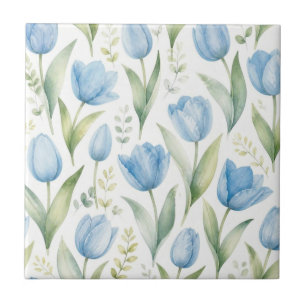 Azulejo Tulipanes Azules Pintura Floral Acuarela Botánica