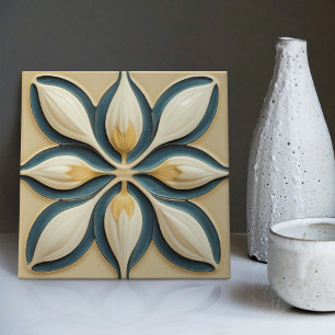 Azulejo Tulipanes blancos sobre el diseño de arte simétric