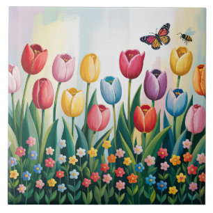 Azulejo Tulipanes de primavera y mariposas   Floral colori
