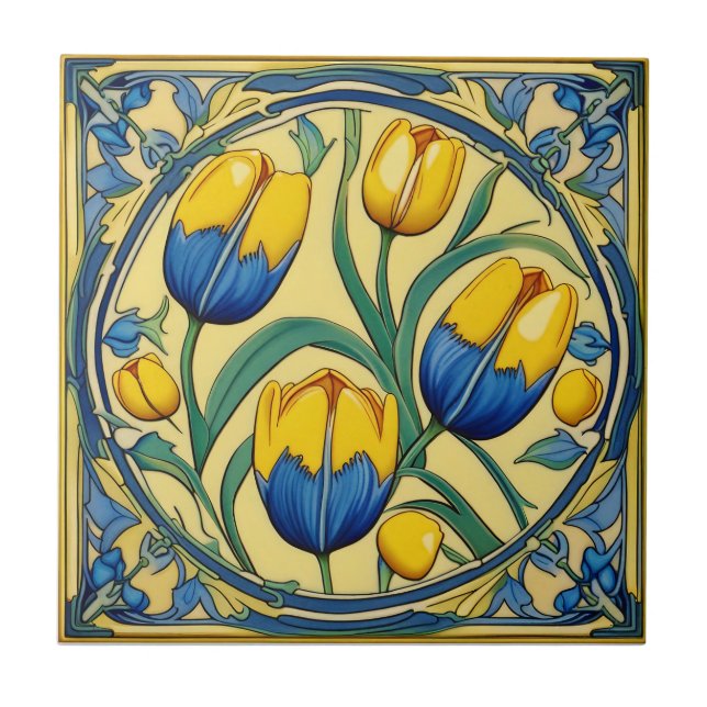 Azulejo Tulipanes en mosaico cerámico de estilo Art Nouvea (Frente)