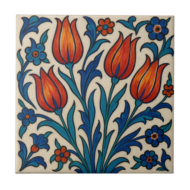 Azulejo Tulipanes Iznik de Estilo Pintado A Mano (Frente)