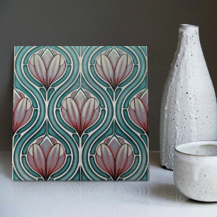 Azulejo Tulipanes morados en Art Nouveau Simétrico Azul