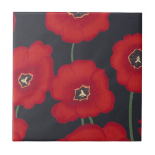 Azulejo Tulipanes rojos brillantes en mosaicos negros y ce