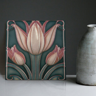 Azulejo Tulipanes rosados polvorientos sobre Art Nouveau s