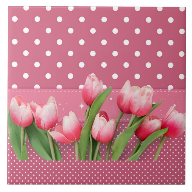 Azulejo tulipanes rosados y puntos de polka rosa y blanco (Frente)