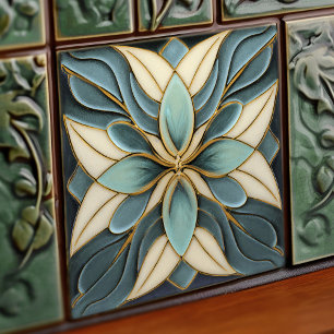 Azulejo Tulipanes sobre azul silenciado Art Nouveau Blanco