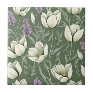 Azulejo Tulipanes Y Lavanda En Verde