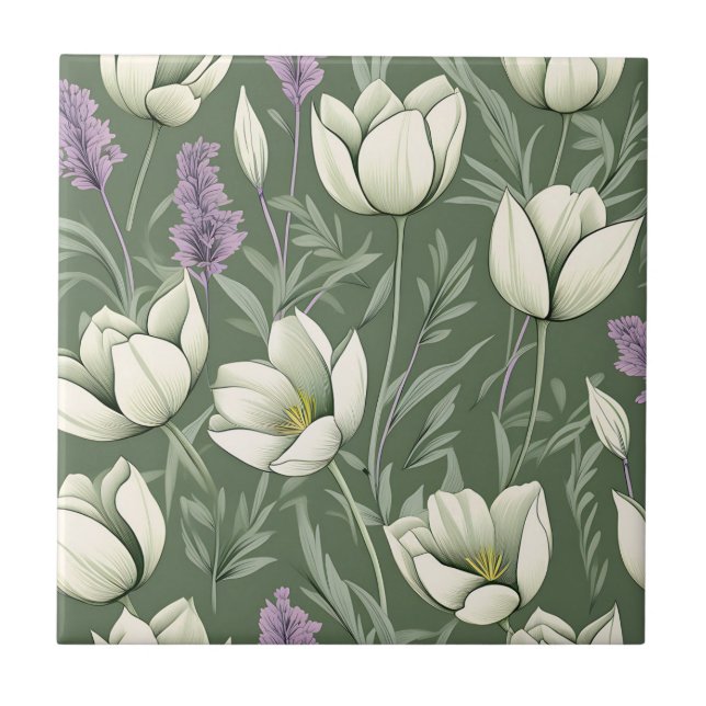 Azulejo Tulipanes Y Lavanda En Verde (Frente)