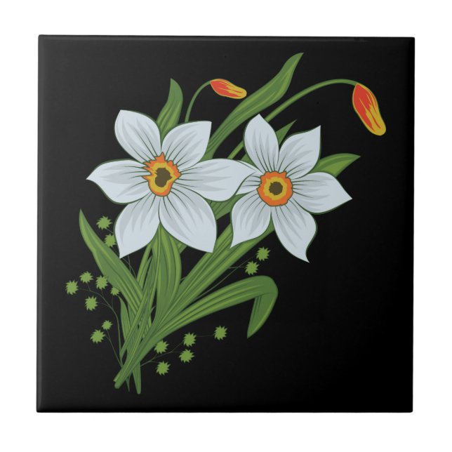 Azulejo Tulipanes y Narcisos Flores Fondo Negro (Frente)