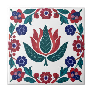 Azulejo Tulipía cerámica otomana de tulipano rojo y azul