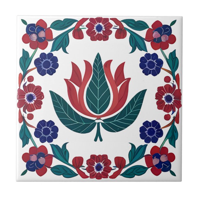 Azulejo Tulipía cerámica otomana de tulipano rojo y azul (Frente)