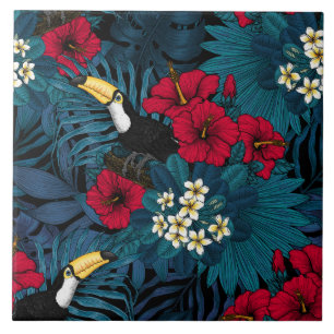 Azulejo Turcanos y flora tropical, verde y roja