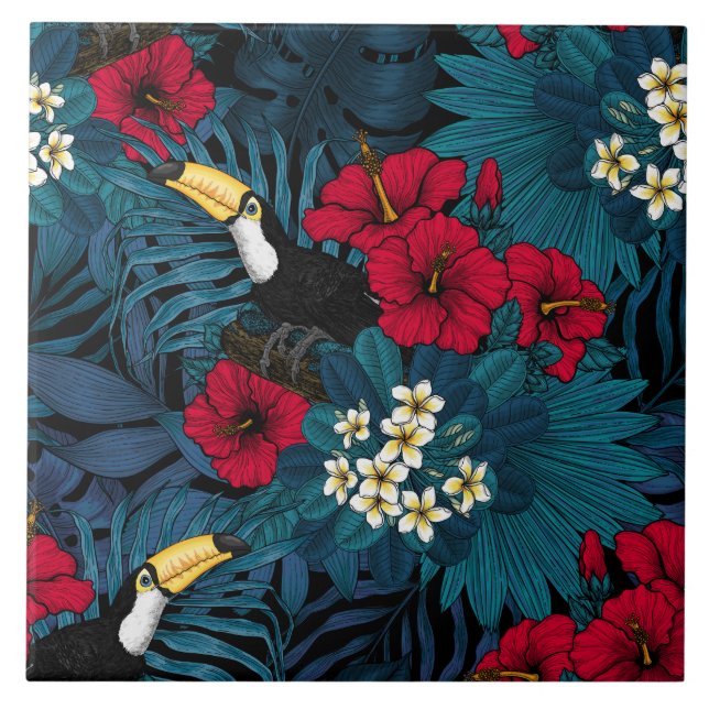 Azulejo Turcanos y flora tropical, verde y roja (Frente)