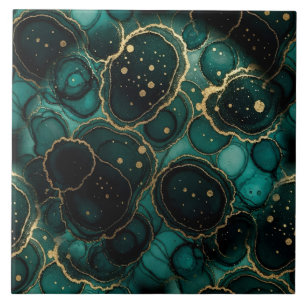Azulejo Turquesa Azul, Negro y Oro Tinta Alcohólica