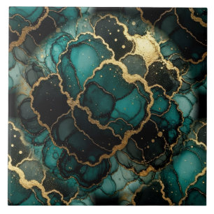 Azulejo Turquesa Azul, Negro y Oro Tinta Alcohólica