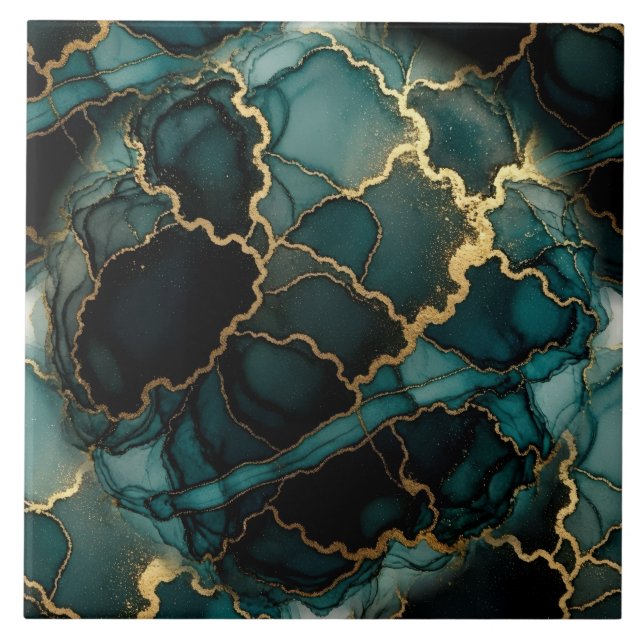 Azulejo Turquesa Azul, Negro y Oro Tinta Alcohólica (Frente)