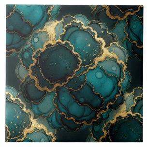 Azulejo Turquesa Azul, Negro y Oro Tinta Alcohólica