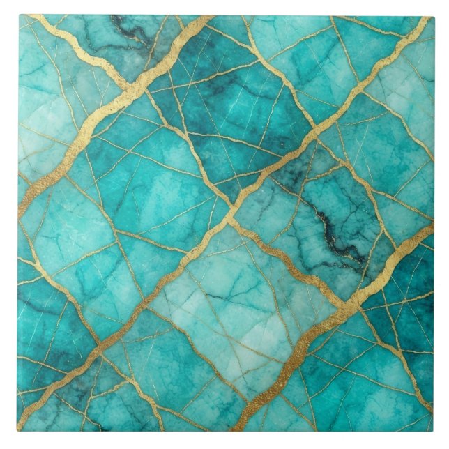 Azulejo Turquesa Azul Teal y Mármol Dorado (Frente)