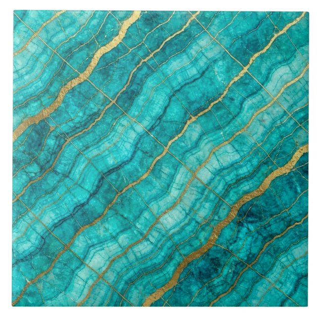 Azulejo Turquesa Azul Teal y Mármol Dorado (Frente)