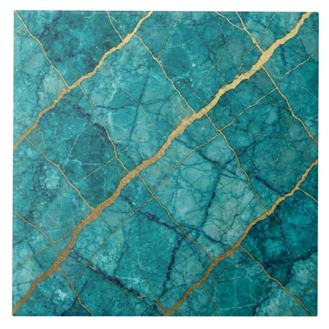 Azulejo Turquesa Azul Teal y Mármol Dorado (Frente)