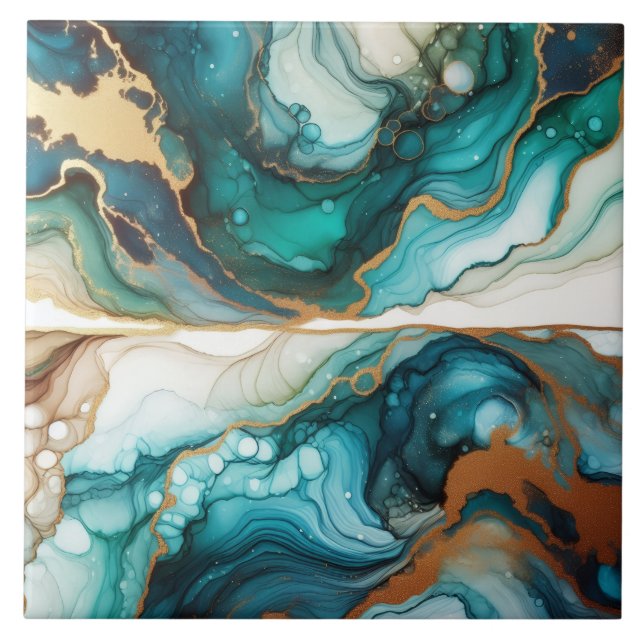 Azulejo Turquesa Azul y Oro Tinta Alcohol (Frente)