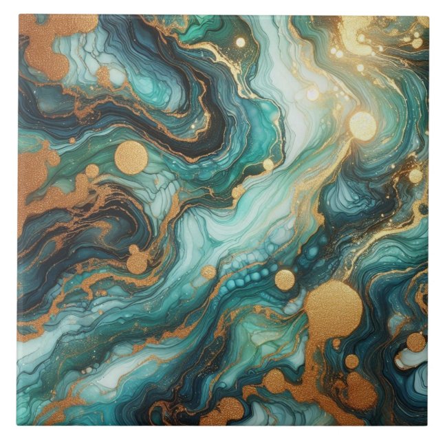Azulejo Turquesa Azul y Oro Tinta Alcohol (Frente)