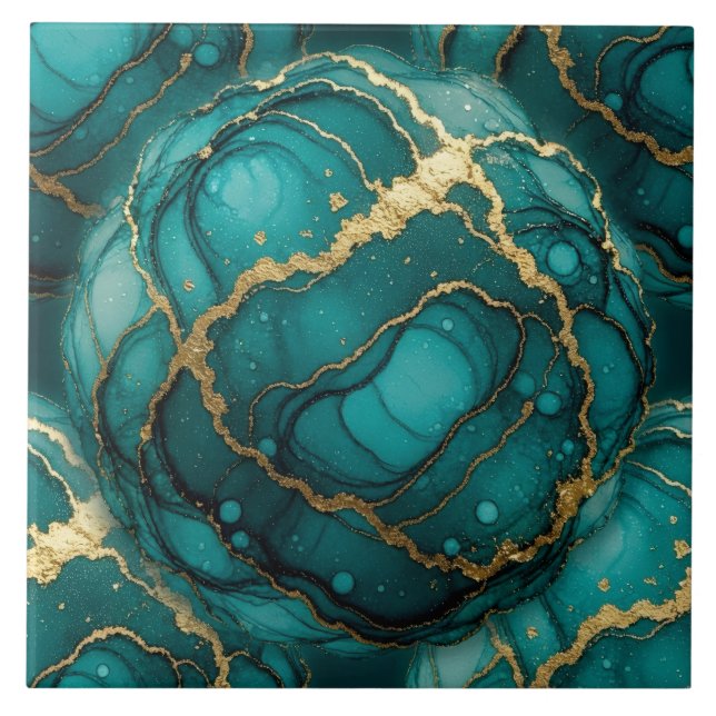 Azulejo Turquesa Azul y Oro Tinta Alcohol (Frente)