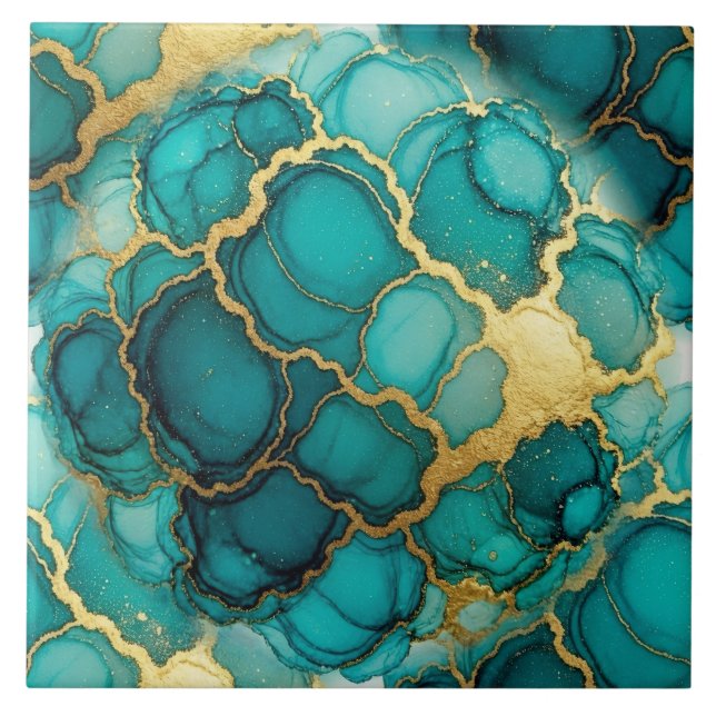 Azulejo Turquesa Azul y Oro Tinta de Alcohol (Frente)