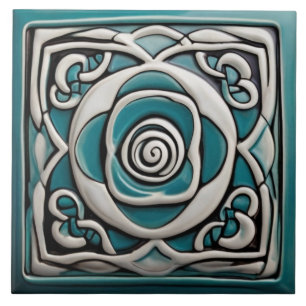 Azulejo Turquesa de inspiración celta y flor rosa blanca