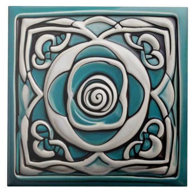 Azulejo Turquesa de inspiración celta y flor rosa blanca (Frente)