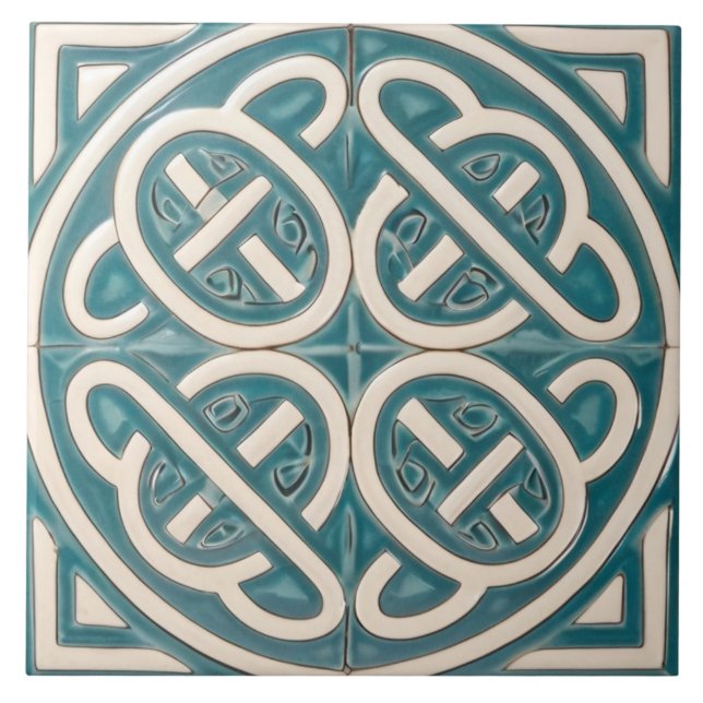 Azulejo Turquesa de nudo celta y celta blanca (Frente)